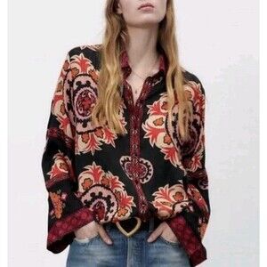 Zara  Women's Mix Media Embroidered Sleeve Bohemian Blouse Size XS